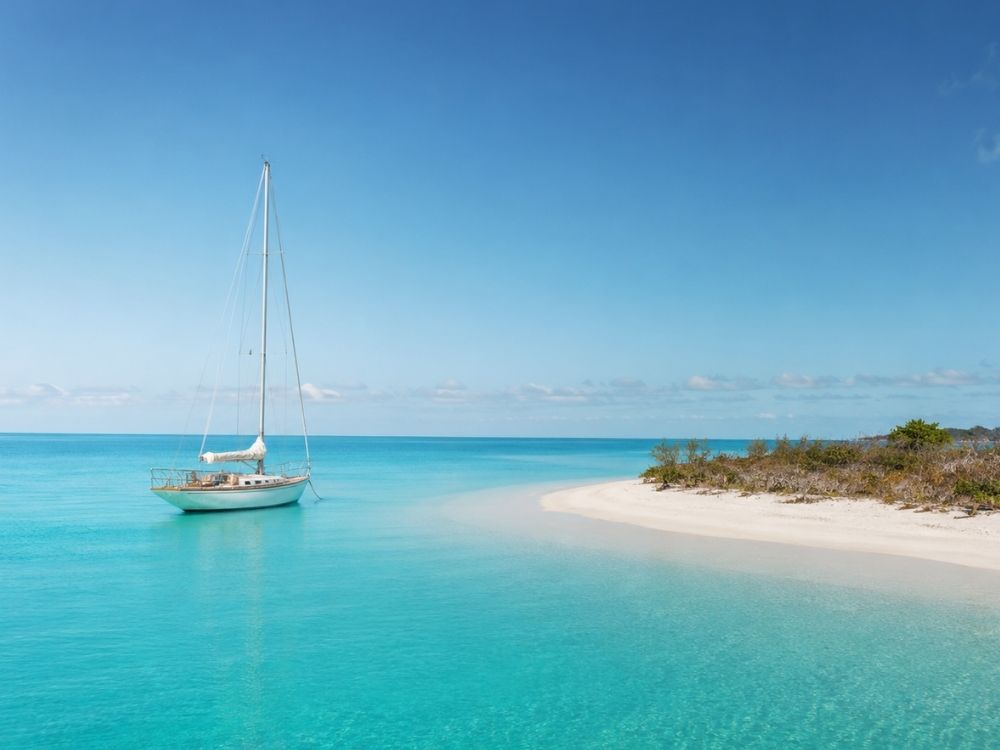 Velero fondeado frente a un cayo desierto.